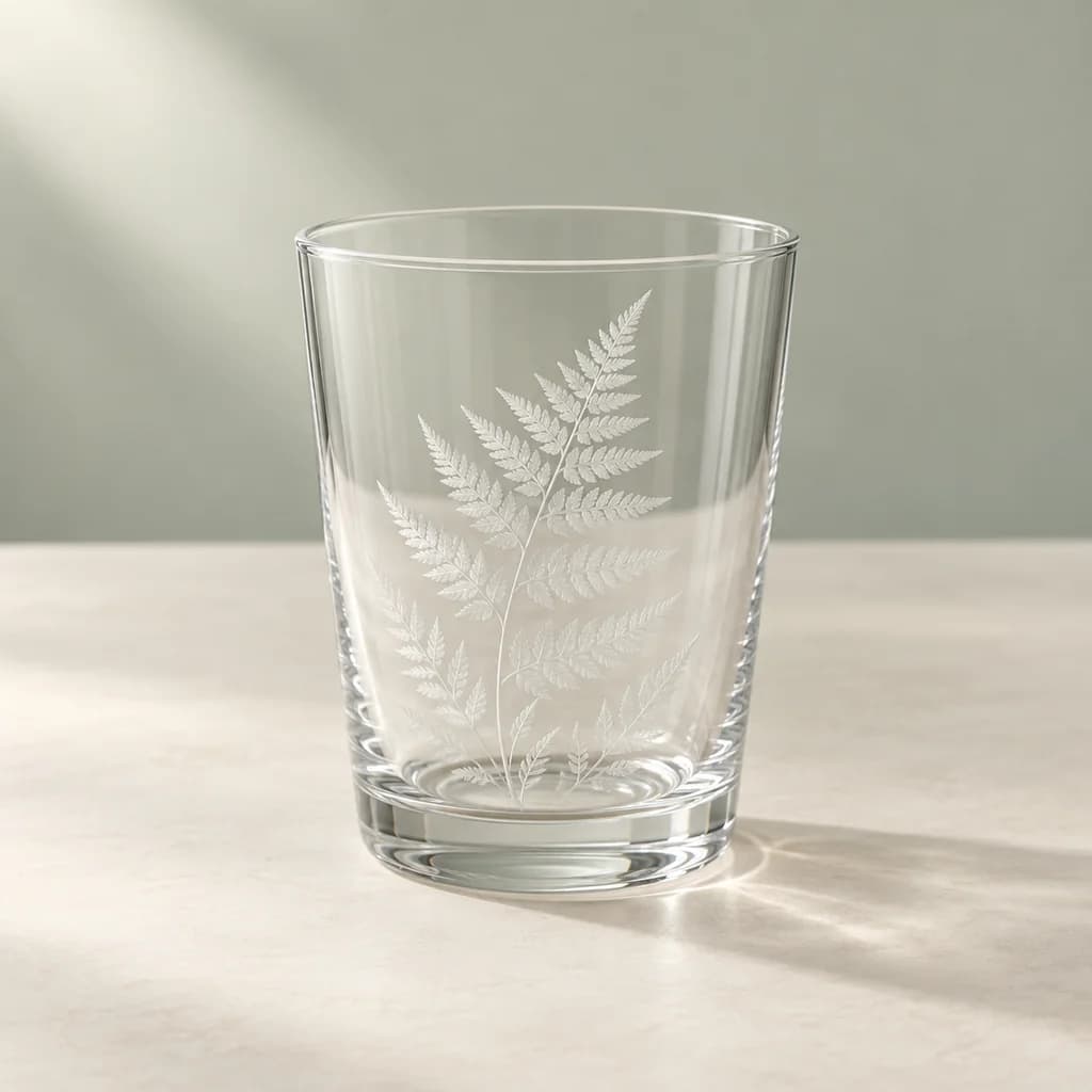 Exemple de motif végétal détaillé gravé sur un verre