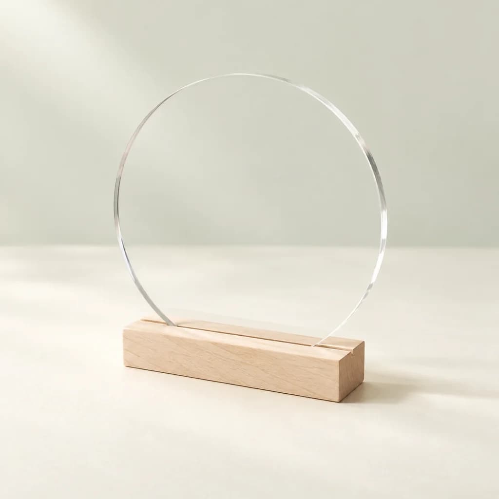 Plaque ronde en acrylique sur un socle en bois