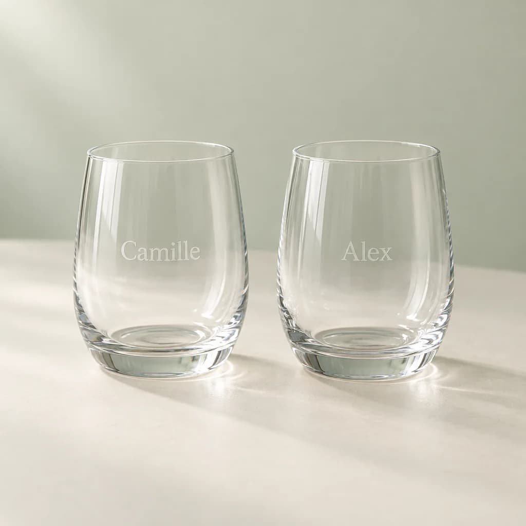 Deux verres illustrant une personnalisation différente par prénom