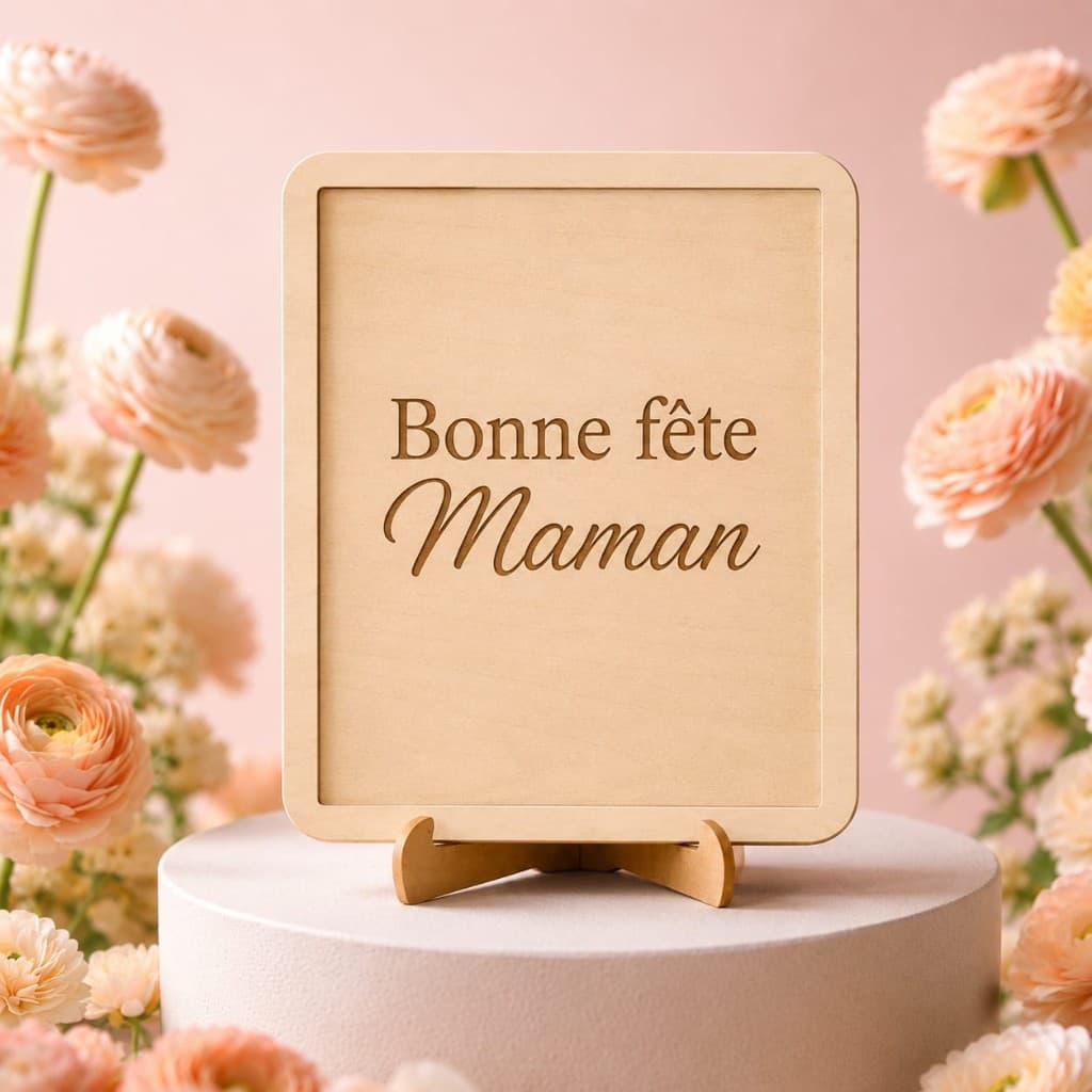 Plaque en bois gravée « Bonne fête Maman », présentation sur chevalet