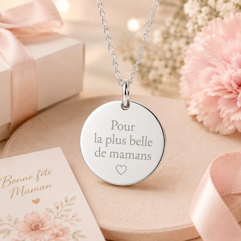 Pendentif rond gravé « Pour la plus belle de mamans » sur chaîne
